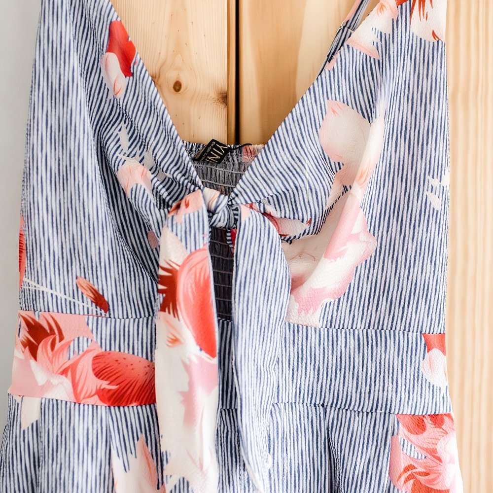 NWT FancyInn Blue Striped Pink Floral Front Cut Out Dress Size S Nautical Cotton - Picture 6 of 14